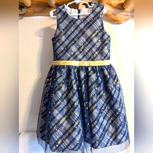 Holiday Dress Blue Gold White Plaid Stars Pattern Size 8